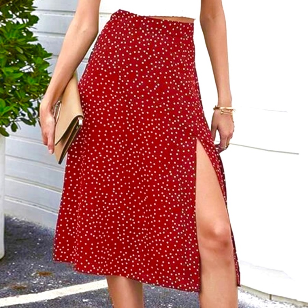 Urban Romantics Red and White Midi Skirt with Adjustable Slit
